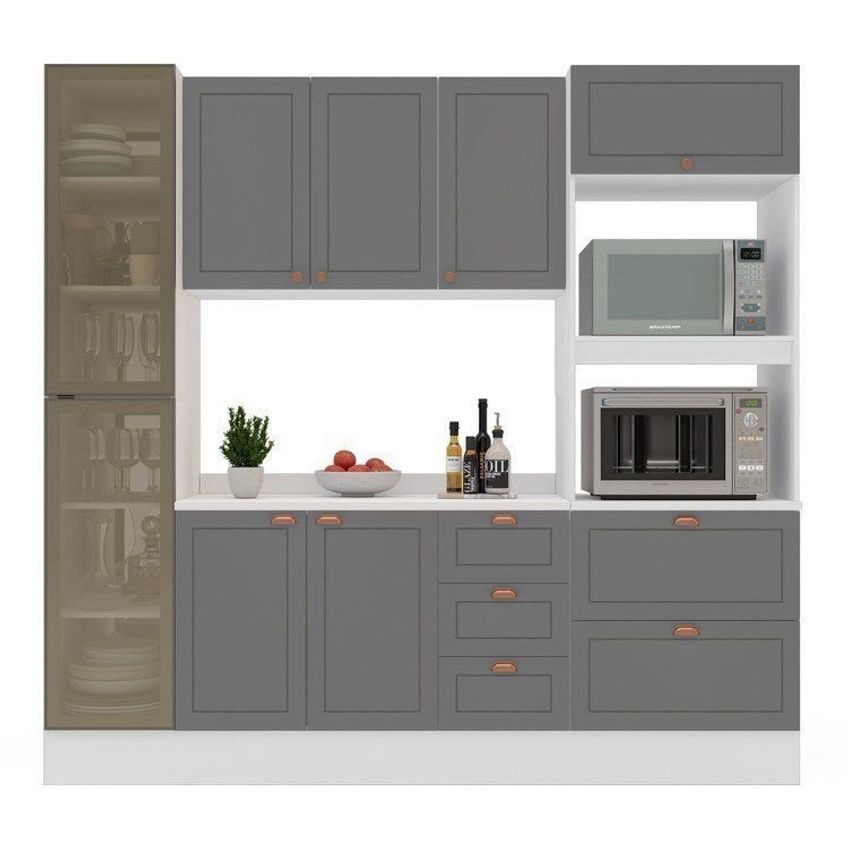 Cozinha Pérola Com Rodapé Cristaleira Com Led E Tampo 4 Peças 230 Cm Yescasa Cinza Cinza - imagem 4