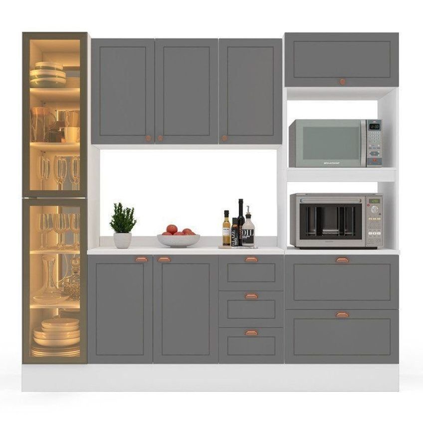 Cozinha Pérola Com Rodapé Cristaleira Com Led E Tampo 4 Peças 230 Cm Yescasa Cinza Cinza - imagem 5