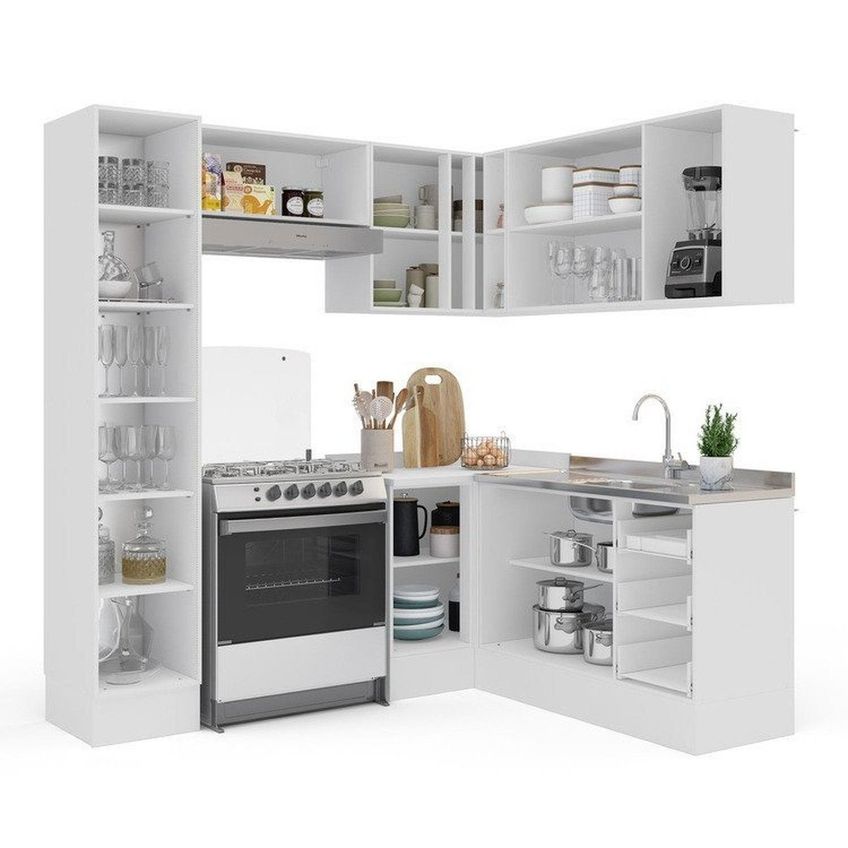 Cozinha 6 Peças Em L Com Rodapé E Cristaleira Com Led Pérola Yescasa Cinza - imagem 5