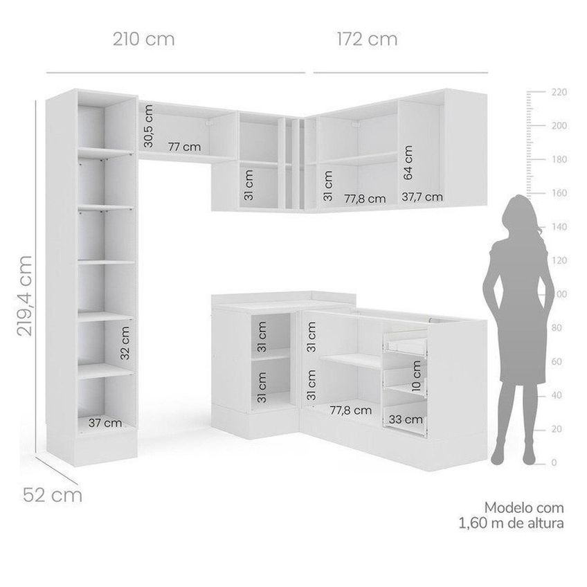 Cozinha 6 Peças Em L Com Rodapé E Cristaleira Com Led Pérola Yescasa Branco - imagem 3
