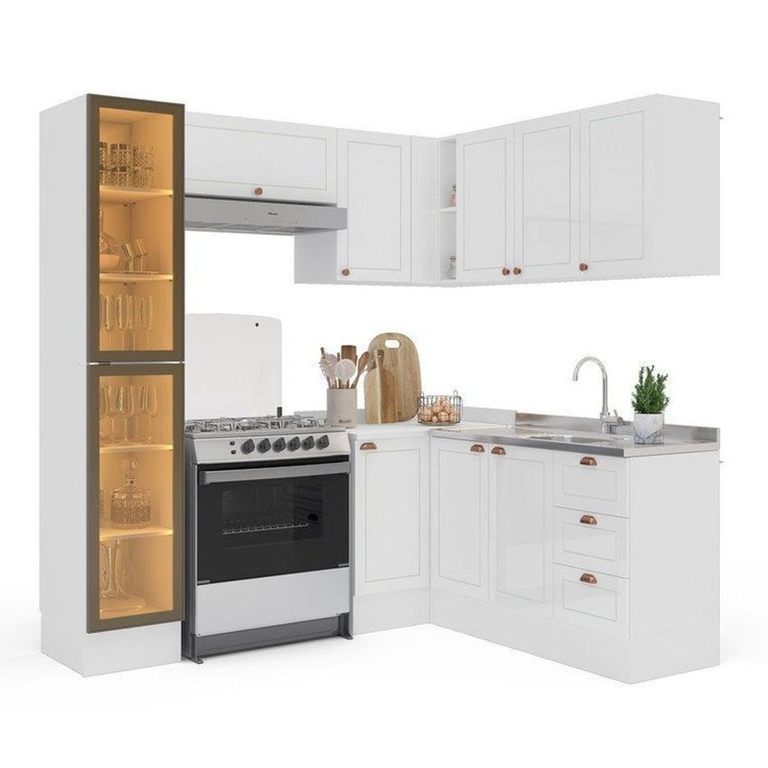 Cozinha 6 Peças Em L Com Rodapé E Cristaleira Com Led Pérola Yescasa Branco - imagem 5