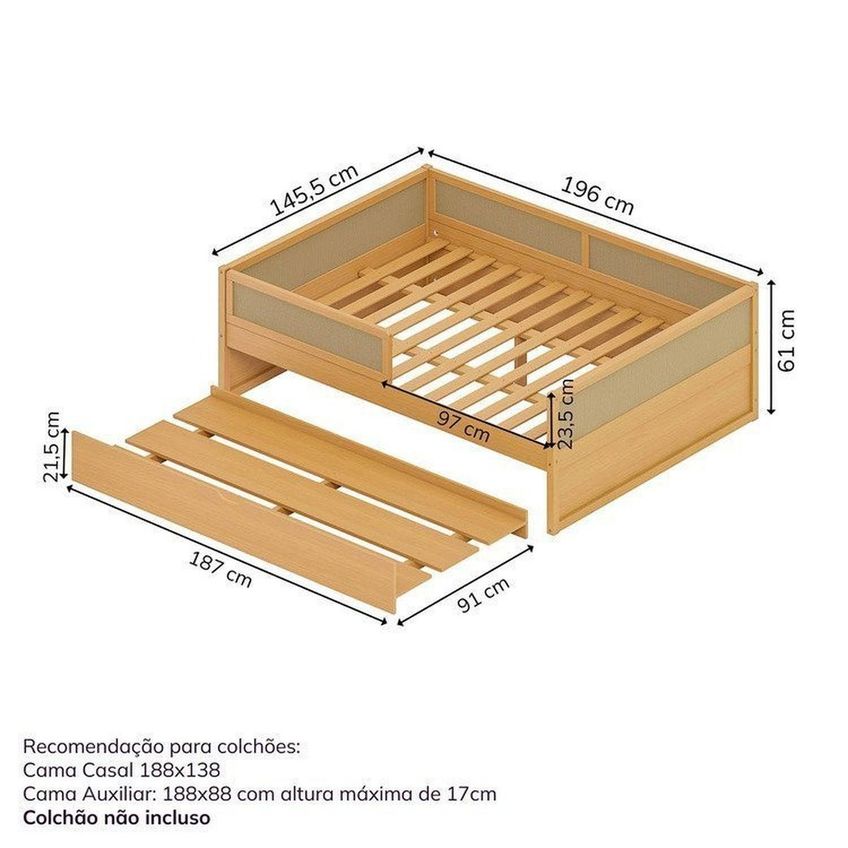 Cama Casal Com Grades De Proteção E Cama Auxiliar Magna Kids Casatema Madeira Originals Marrom Natural - imagem 3