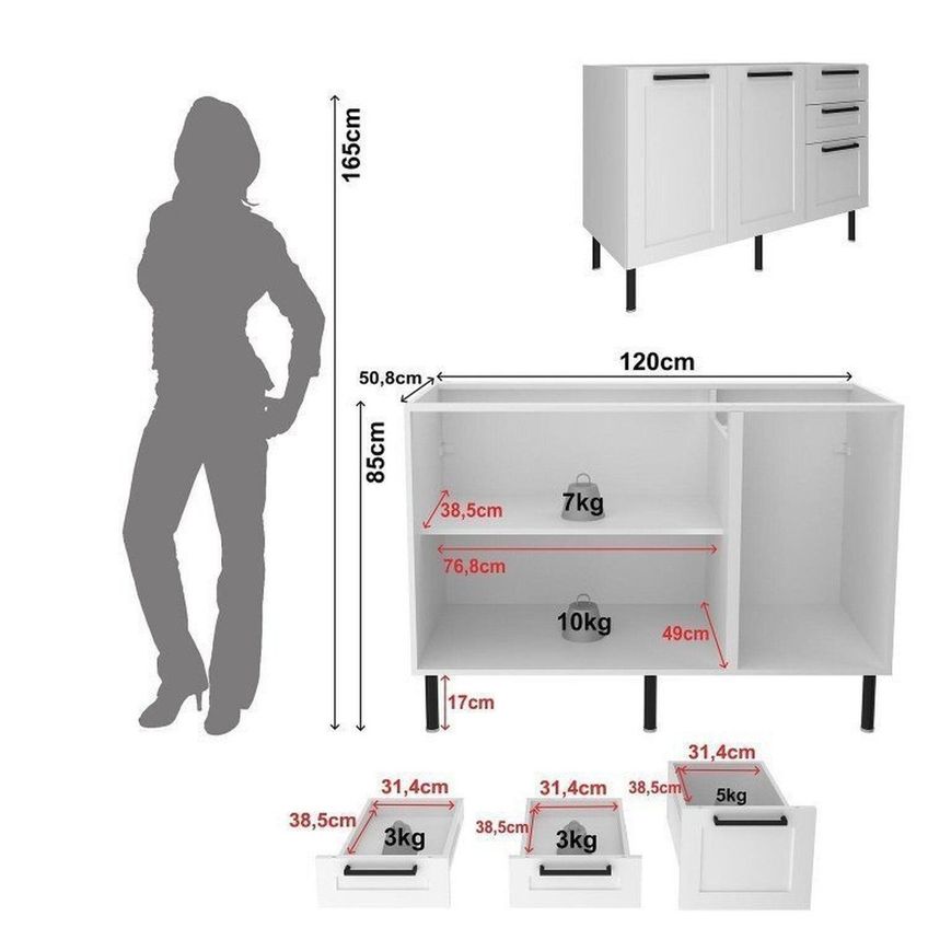 Cozinha Compacta Modulada Americana 5 Portas 3 Gavetas Sem Tampo MDF Grazi Branco Branco - imagem 5