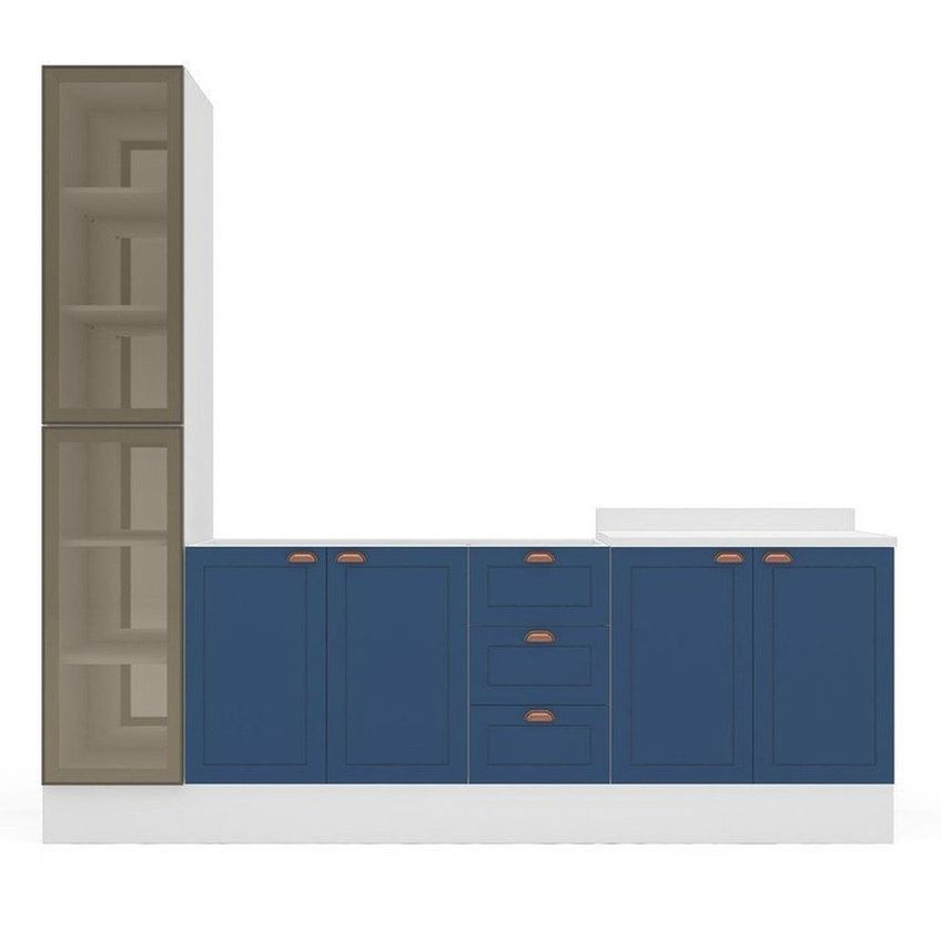 Cozinha Pérola Com Rodapé E Cristaleira Com Led 3 Peças 240 Cm Yescasa Azul Azul - imagem 2