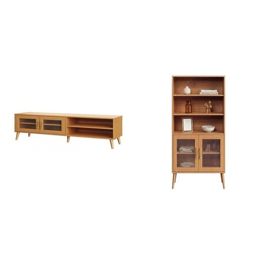 Conjunto Sala De Estar 2 Peças Rack E Estante Multiuso Vidro Canelado Carvalho Rosé - imagem 2