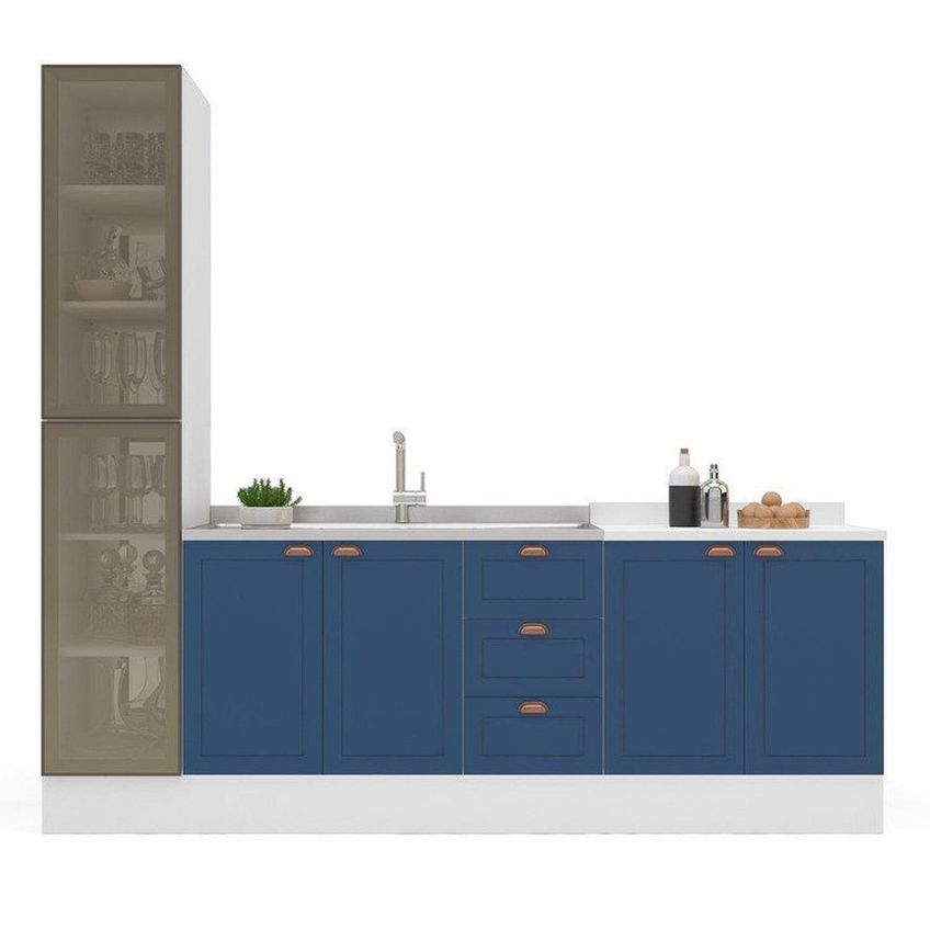 Cozinha Pérola Com Rodapé E Cristaleira Com Led 3 Peças 240 Cm Yescasa Azul Azul - imagem 5
