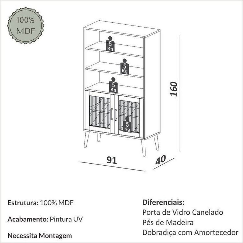 Conjunto Sala De Estar 2 Peças Rack E Estante Multiuso Vidro Canelado Carvalho Rosé - imagem 3