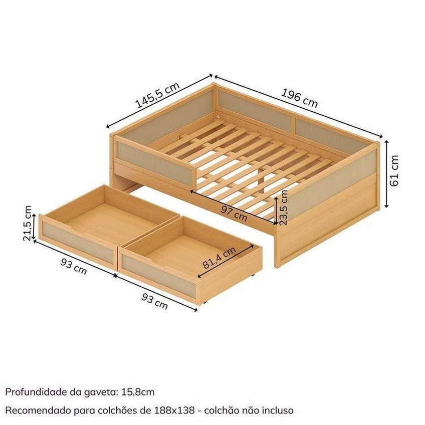 Cama Casal Com Grades De Proteção E Gavetas Magna Kids Casatema Madeira Originals Marrom/Natural Natural - imagem 3