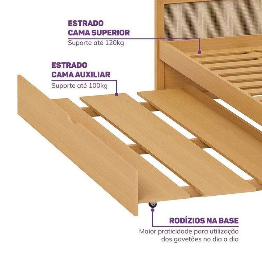 Cama Solteiro Madeira Maciça Com Cama Auxiliar Magna Kids Casatema Madeiraoriginals Marrom/natural Natural - imagem 5