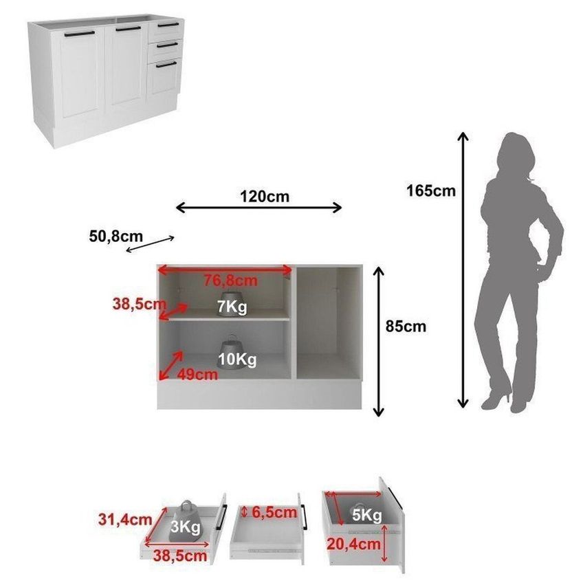 Cozinha Compacta Modulada Americana 5 Portas 3 Gavetas Com Rodapé E Sem Tampo MDF Grazi Branco Branco - imagem 3