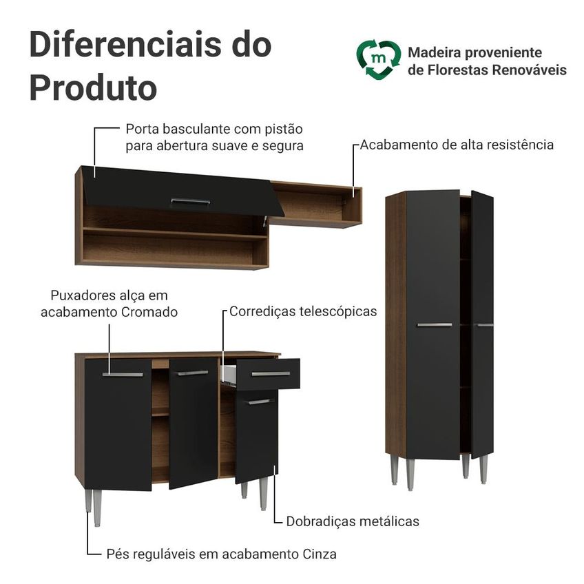Armário De Cozinha Completa 220 Cm Rustic/preto Deli Madesa Xa 01 - imagem 4