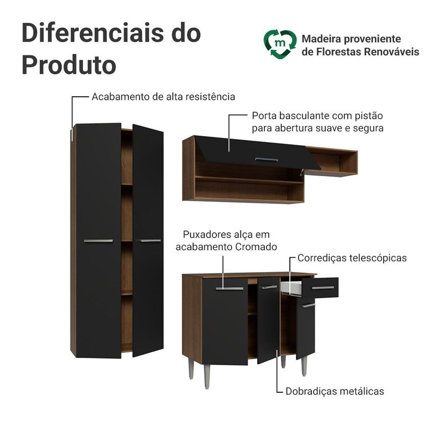 Armário De Cozinha Completa 220 Cm Rustic/preto Deli Madesa 03 - imagem 4