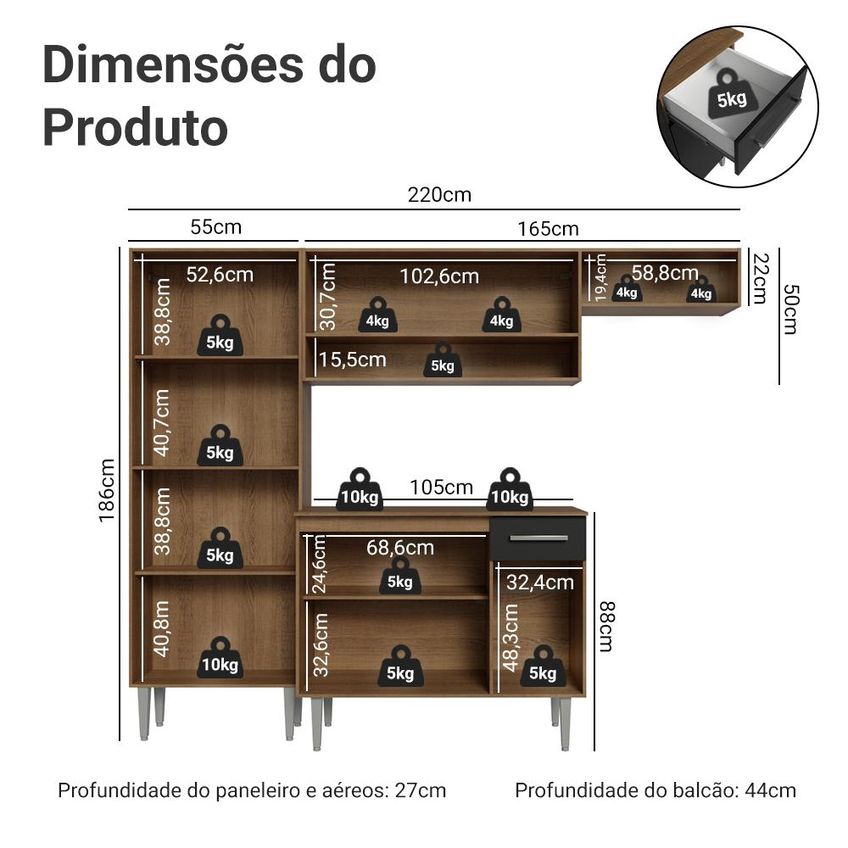 Armário De Cozinha Completa 220 Cm Rustic/preto Deli Madesa Xa 02 - imagem 3