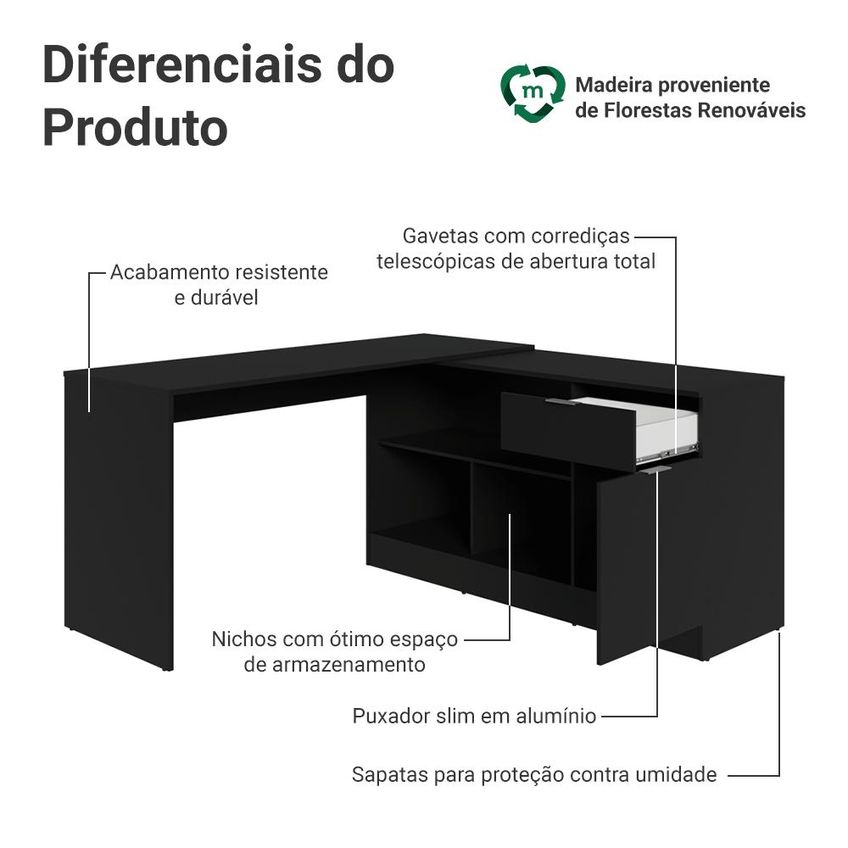 Escrivaninha Em L Para Computador Gamer Preto Roma Madesa - imagem 5