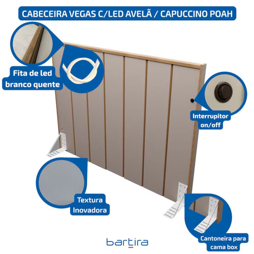 Cabeceira Bartira Vegas Casal 138cm Com Led Avela Cappuccino - imagem 2