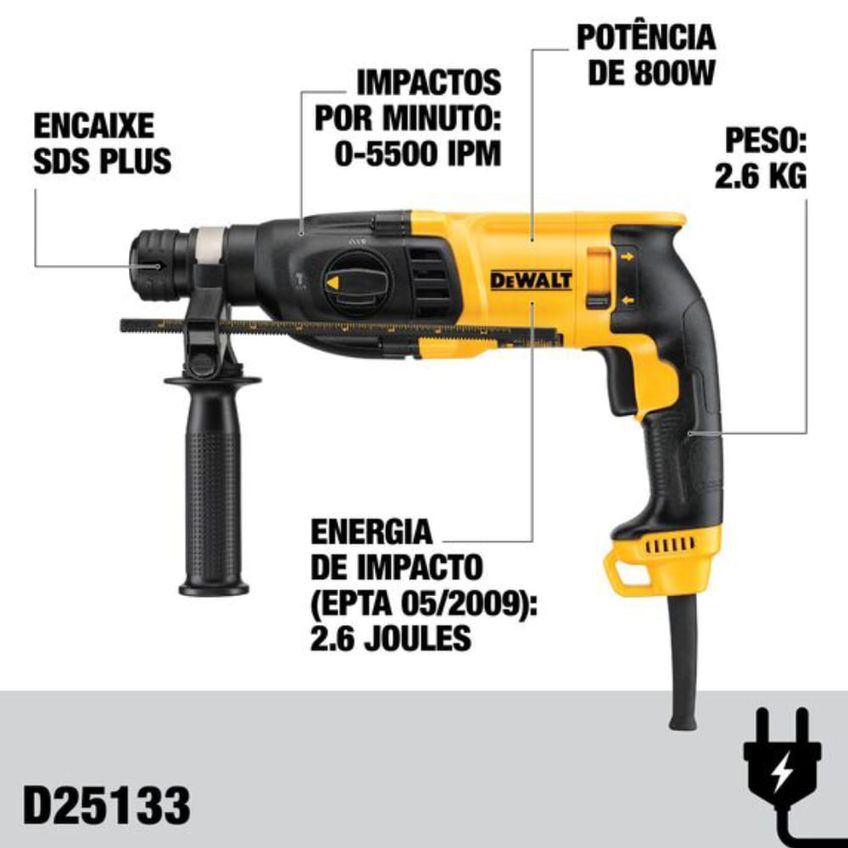 Martelete Sds Plus Perfurador E Rompedor 800 Watts 220 Volts D25133kb2 Dewalt Dewalt - imagem 2