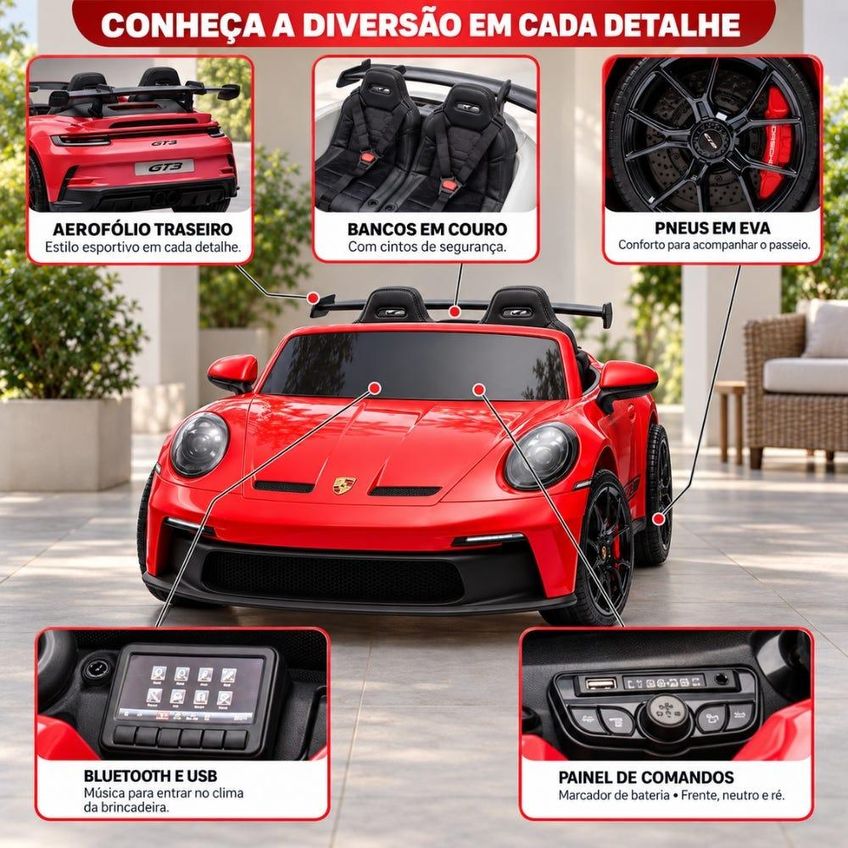 Carrinho Elétrico Infantil Porsche 911 GT3 24V com Controle Remoto Bang Toys Vermelho - imagem 4