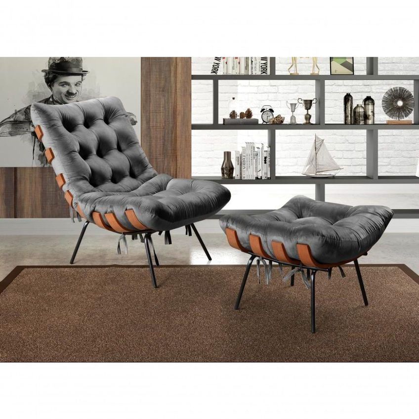 Poltrona Costela Com Puff Veludo Confortável Cinza Bella Decor - imagem 5