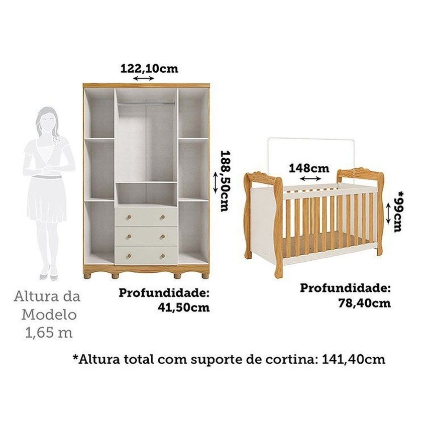 Quarto De Bebê Com Guarda-roupa 4 Portas E Berço Minicama 100% Mdf Nina Espresso Móveis Off White/amêndoa - imagem 3