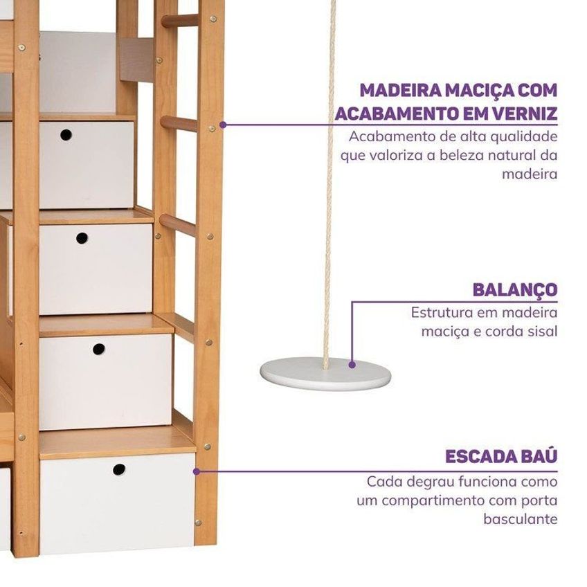 Kit Escada Baú E Playground Direito Climb Casatema Madeiraoriginals Branco/madeira Natural Branco/madeira Natural - imagem 3
