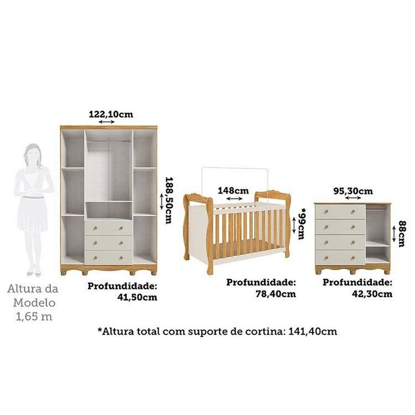 Quarto De Bebê Completo Berço 3 Em 1, Cômoda E Guarda Roupa Mdf Nina Espresso Móveis Branco/amê Off White/amêndoa - imagem 3