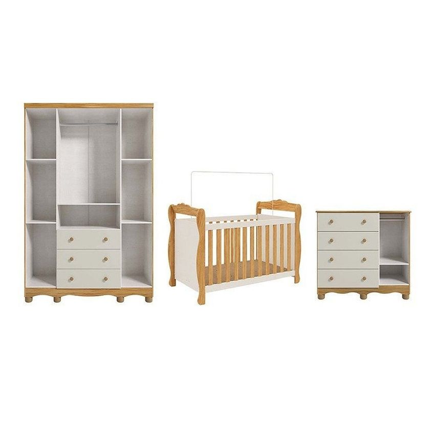 Quarto De Bebê Completo Berço 3 Em 1, Cômoda E Guarda Roupa Mdf Nina Espresso Móveis Branco/amê Off White/amêndoa - imagem 4