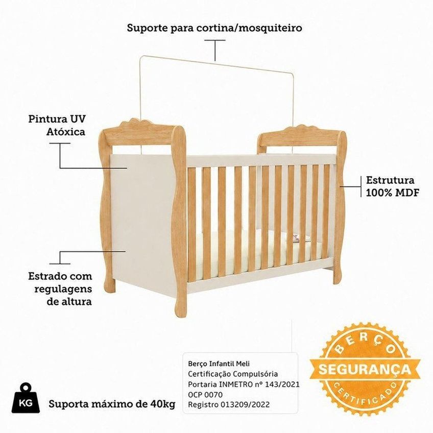 Quarto De Bebê Completo Berço 3 Em 1, Cômoda E Guarda Roupa Mdf Nina Espresso Móveis Branco/amê Off White/amêndoa - imagem 5