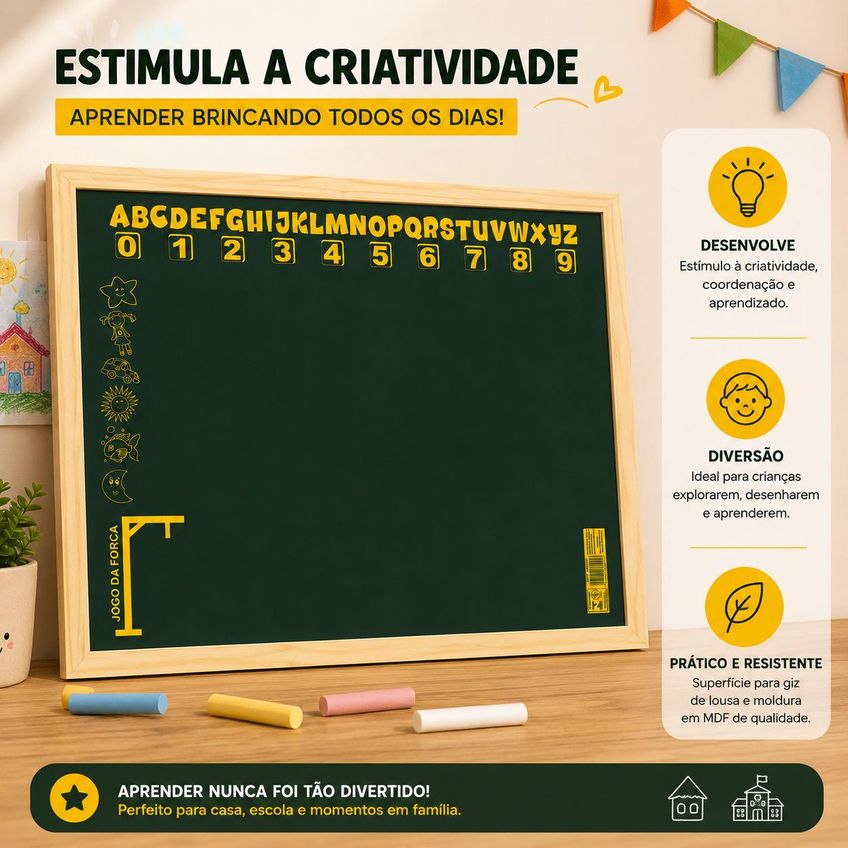 Lousa Quadro Verde Infantil Mural Escolar 50x40cm Pedagogica Alfabeto Numeral Abc Numeros Moldura Mdf - imagem 3