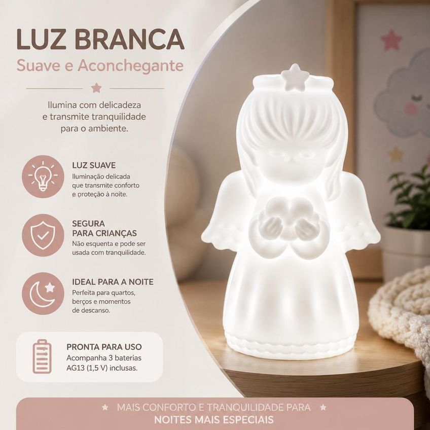 Luminaria Infantil Anjo Abajur Sem Fio Anjinho Luz Led Decorativo Quarto Bebe Enfeite Batizado Festa Iluminacao - imagem 3