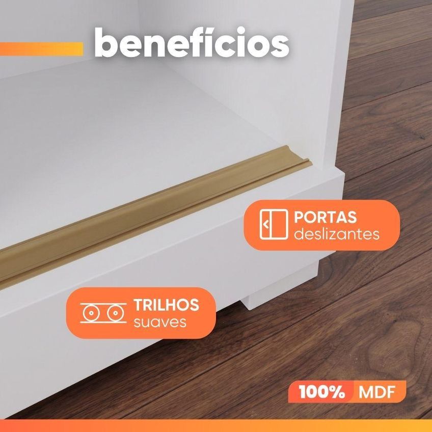 Guarda Roupa Casal Ilana 2 Portas De Correr Com Espelho 3 Gavetas MDF Branco - imagem 2