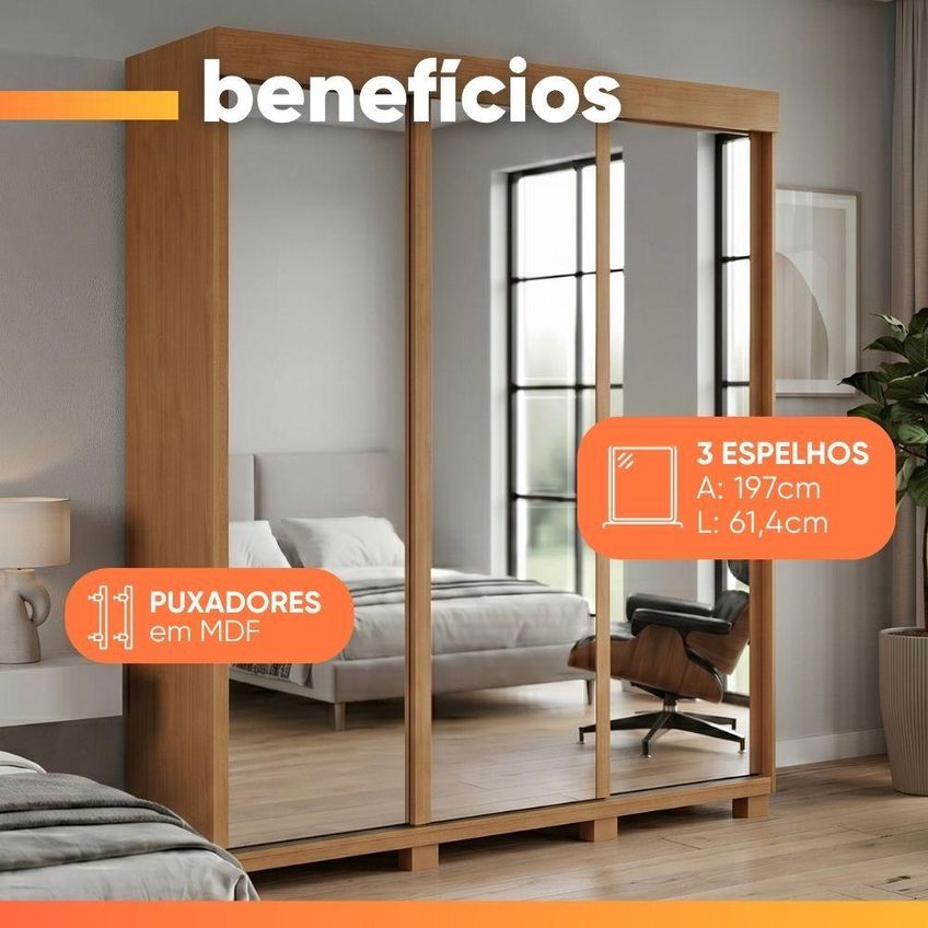 Guarda Roupa Casal Saimon 3 Portas De Correr 3 Gavetas Mdf-mdp Madeirado Móveis Lopas - imagem 4