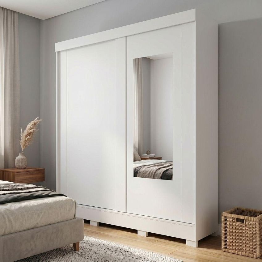 Guarda Roupa Casal Ilana 2 Portas De Correr Com Espelho 3 Gavetas MDF Branco - imagem 3