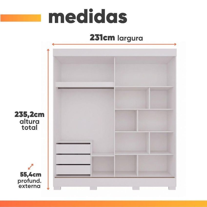 Guarda Roupa Casal Ilana 2 Portas De Correr Com Espelho 3 Gavetas MDF Branco - imagem 4