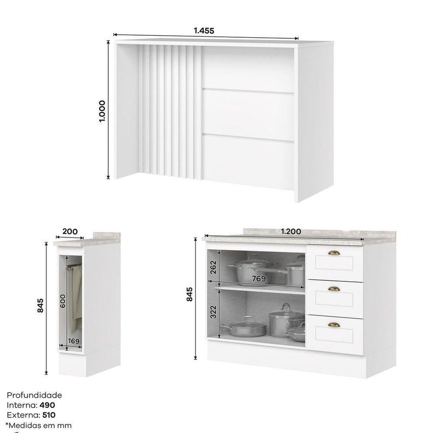 Bancada Ilha Gourmet Amy 2 Portas 2 Gavetas MDF 145,5cm Branco E Calçado Casa 812 - imagem 4