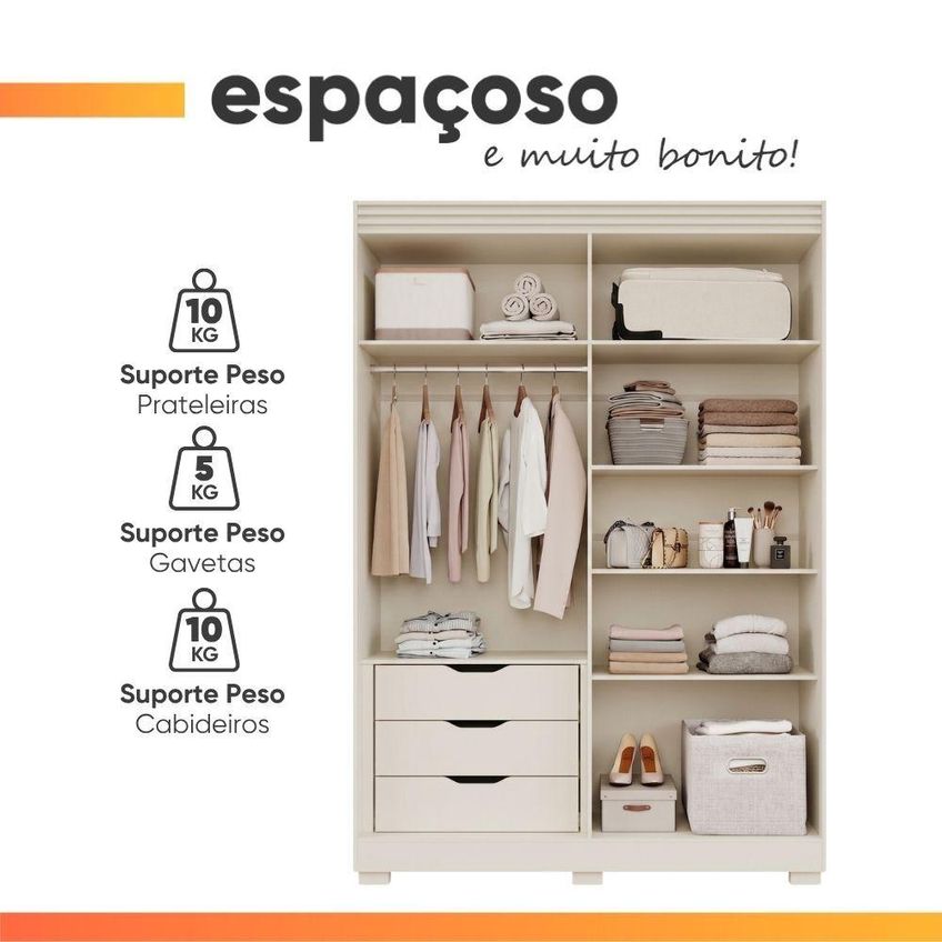 Guarda Roupa Solteiro July 4 Portas Frisado 3 Gavetas MDF Branco - imagem 3