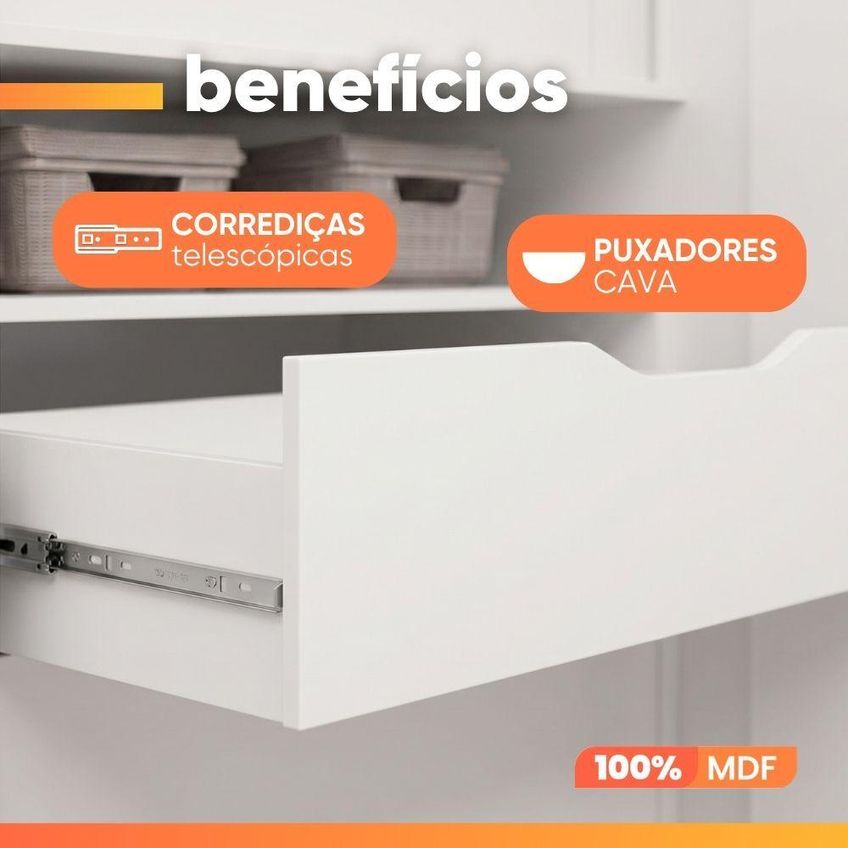 Guarda Roupa Solteiro July 4 Portas Frisado 3 Gavetas MDF Branco - imagem 5