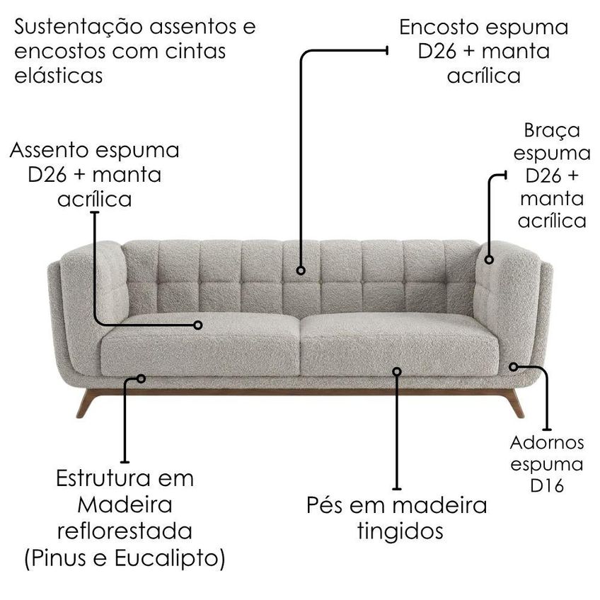 Sofa Living 2 Lugares Bellare 180 Cm Pes Madeira Boucle Tce 1018 Moll - imagem 5
