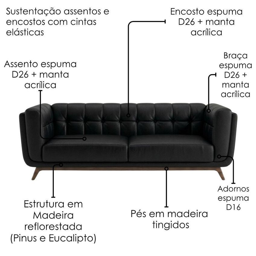Sofa Living 2 Lugares Bellare 180 Cm Pes Madeira Courino Tcs 724 Moll - imagem 5