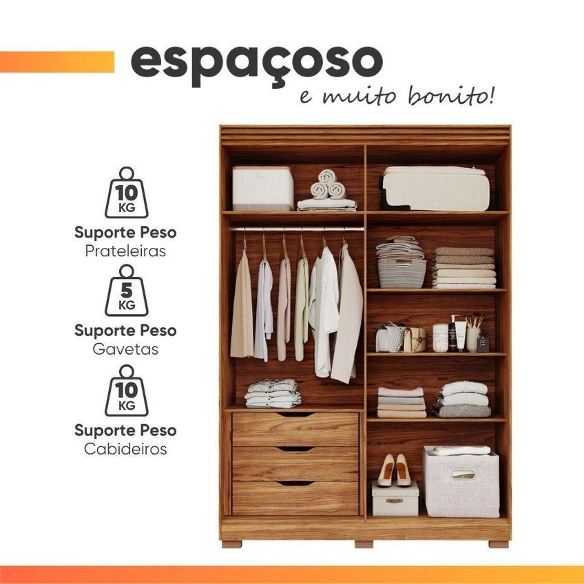 Guarda Roupa Solteiro July 4 Portas De Bater 3 Gavetas MDF Madeir-off - imagem 3