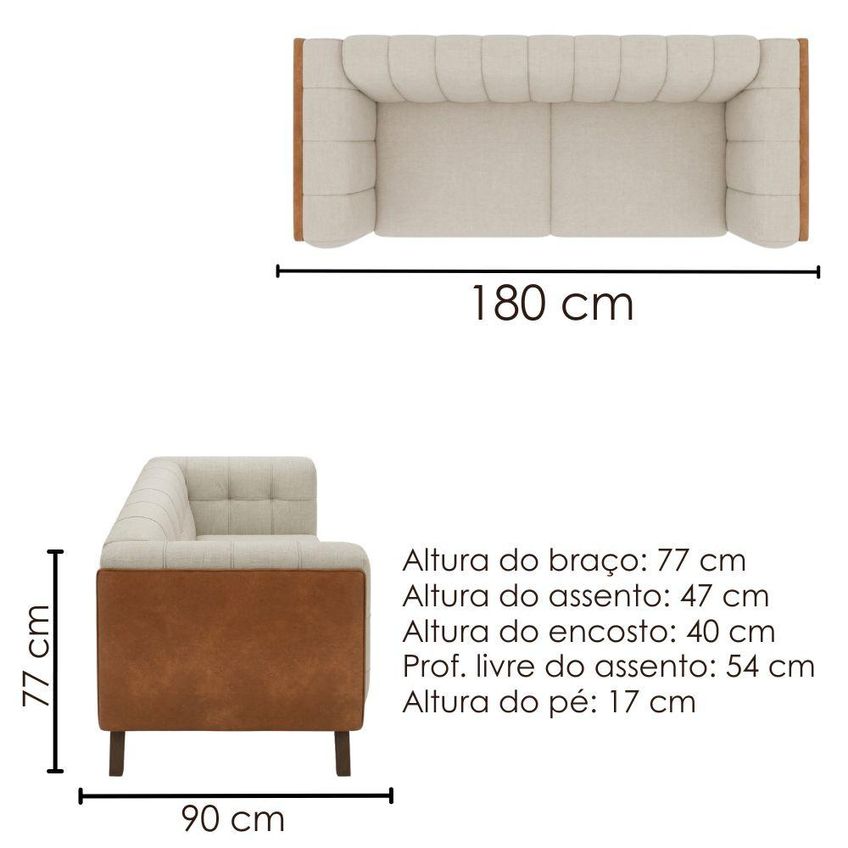 Sofa Living 2 Lugares Bellare 180 Cm Pes Madeira Linho E Courino Tca 210 Tcs 727 Moll - imagem 3
