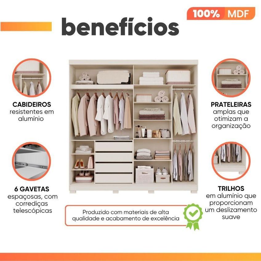 Guarda Roupa Casal Livia 2 Portas De Correr Com Espelho 4 Gavetas MDF Branco - imagem 2