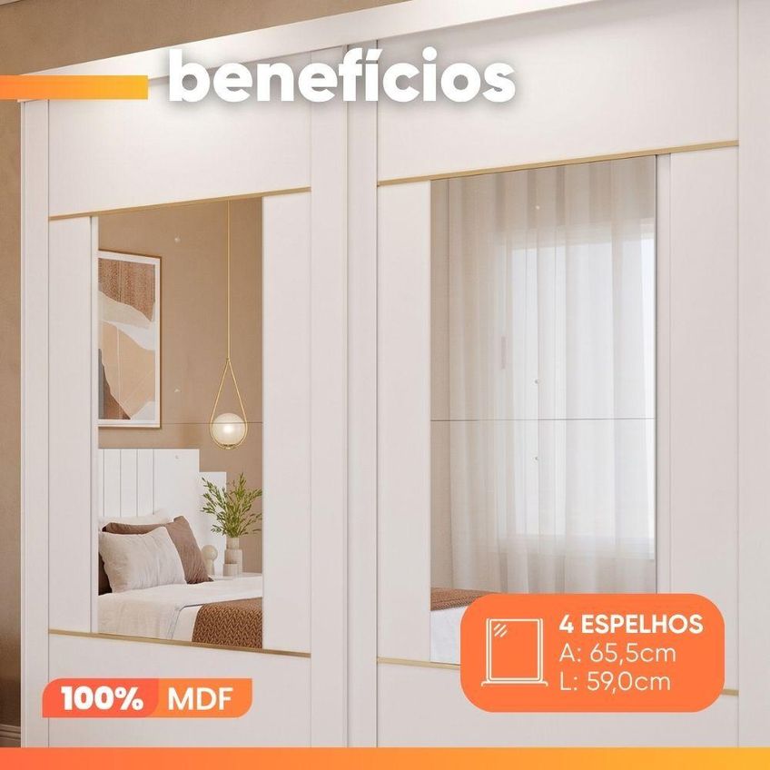 Guarda Roupa Casal Livia 2 Portas De Correr Com Espelho 4 Gavetas MDF Branco - imagem 3