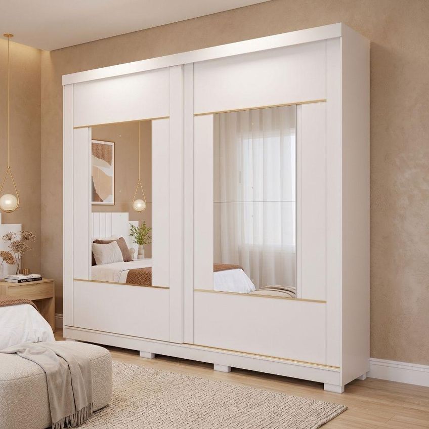 Guarda Roupa Casal Livia 2 Portas De Correr Com Espelho 4 Gavetas MDF Branco - imagem 4