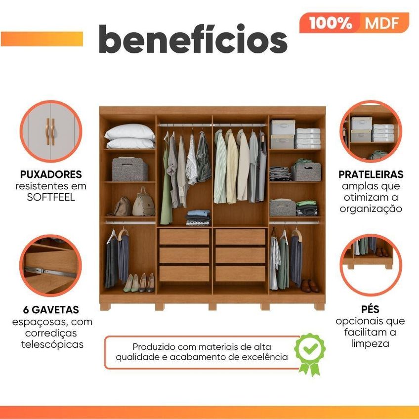 Guarda Roupa Casal Serena 8 Portas De Bater 6 Gavetas Mdf Branco Móveis Lopas - imagem 3