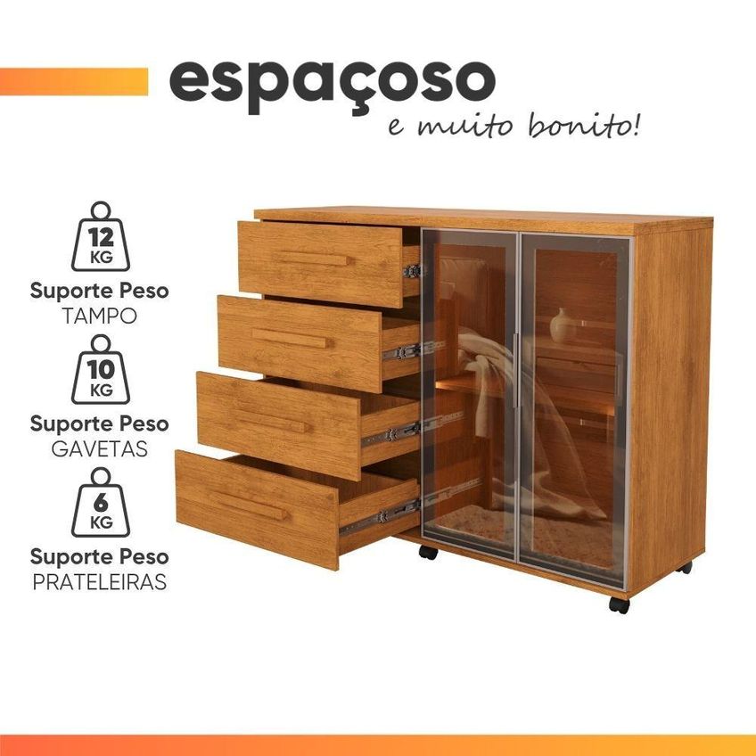 Comoda Sapateira Eva Reflecta Com Led 4 Gavetas 2 Portas Mdf Mdp Puxador Mdf Nature J&a Moveis - imagem 3
