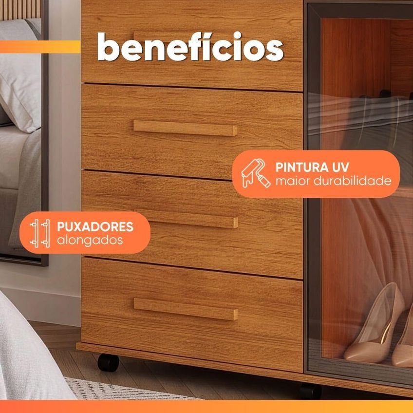 Comoda Sapateira Eva Reflecta Com Led 4 Gavetas 2 Portas Mdf Mdp Puxador Mdf Nature J&a Moveis - imagem 4