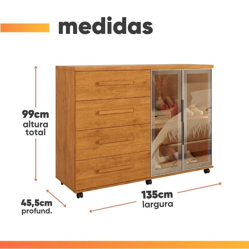 Comoda Sapateira Eva Reflecta Com Led 4 Gavetas 2 Portas Mdf Mdp Puxador Mdf Nature J&a Moveis - imagem 5