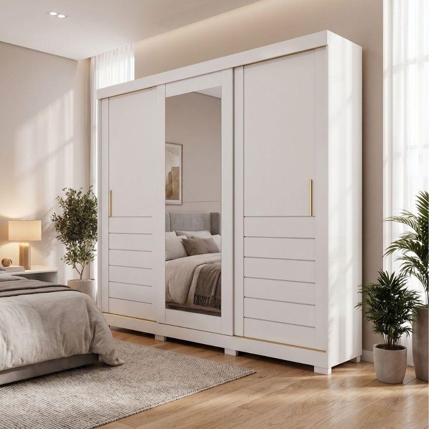 Guarda Roupa Casal Lia 3 Portas De Correr Com Espelho 6 Gavetas Mdf Branco - imagem 2