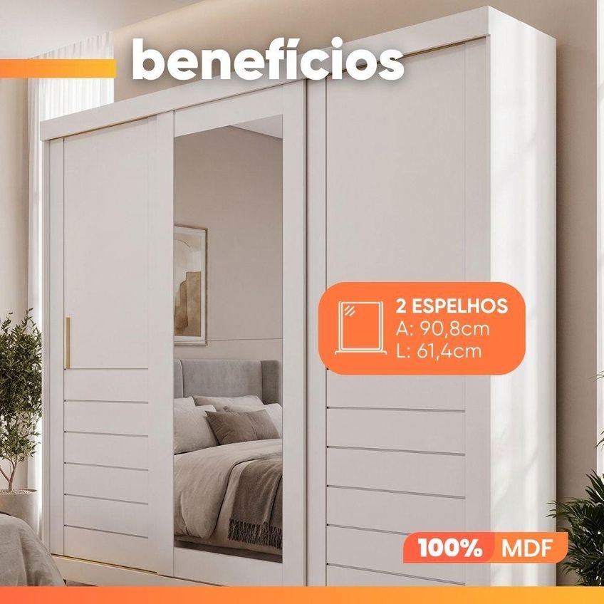 Guarda Roupa Casal Lia 3 Portas De Correr Com Espelho 6 Gavetas Mdf Branco - imagem 3