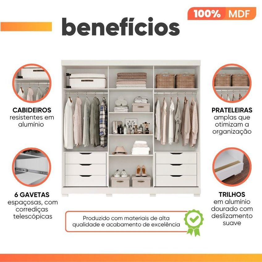 Guarda Roupa Casal Lia 3 Portas De Correr Com Espelho 6 Gavetas Mdf Branco - imagem 5